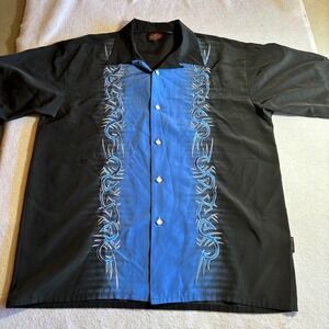 Dragonfly Roadhouse Men Short Sleeve Button Up Shirt Black Blue Tribal Spade 2XL